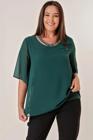 By Saygı Stone Detailed V-Neck Top Chiffon Plus Size Blouse