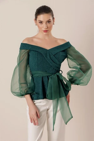 By Saygı Madonna Collar Sleeves Organza Belted Glittery Lycra Blouse Emerald