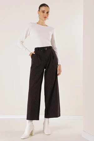 By Saygı Belted Waist Longitudinal Pinstripe Palazzo Trousers with Side Pockets