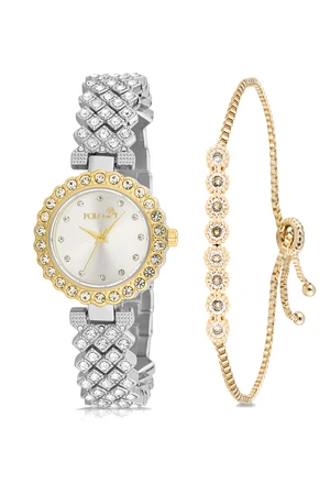 Polo Air Luxury Stone Stylish Women's Wristwatch Zircon Stone Waterway Bracelet Combination Silver and Yellow Color