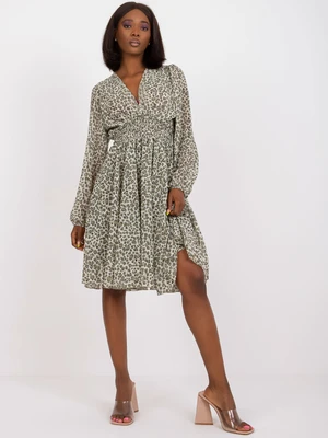 Khaki-beige extended midi dress with ZULUNA prints