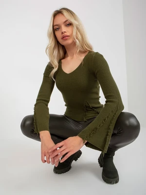 Khaki striped classic sweater with neckline