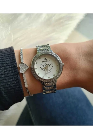 Polo Air Luxury Stone Heart Patterned Women's Wristwatch and Zircon Stone Heart Bracelet Combination Silver Color