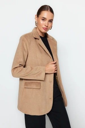 Trendyol Camel Oversize Wide-Cut Hairy Stamp Coat