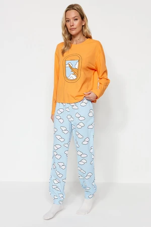 Trendyol Orange 100% Cotton Cloud Pattern T-shirt-Jogger Knitted Pajamas Set