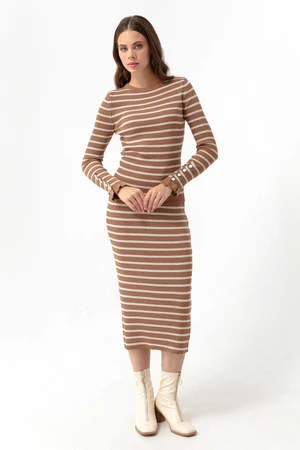 Lafaba Women's Striped Knitwear Suit With A tan Skirt