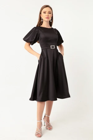 Lafaba Women's Black Mini Satin Evening Dress with Balloon Sleeves and Stones.