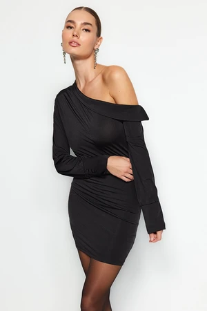 Trendyol Black Fitted Knitted Evening Dress with Low Sleeve Detail