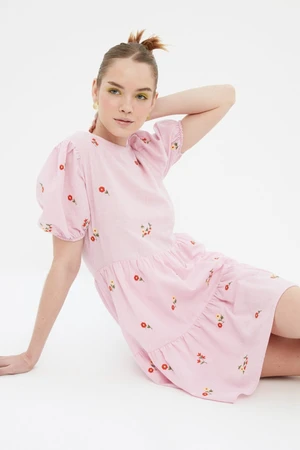 Trendyol Pink Straight Cut Mini Woven Lined Floral Embroidery Woven Dress