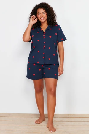 Trendyol Curve Navy Blue Heart Pattern Knitted Pajamas Set