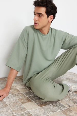 Trendyol Mint Relaxed/Comfortable Cut Short Sleeve Textured T-Shirt