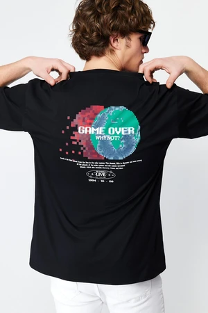 Trendyol Black Oversize/Wide Cut Space Back Printed 100% Cotton T-shirt