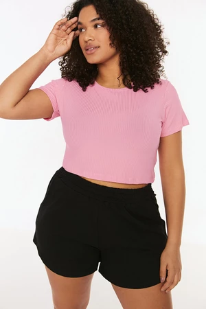 Trendyol Curve Pale Pink Crop Crew Neck Knitted T-Shirt