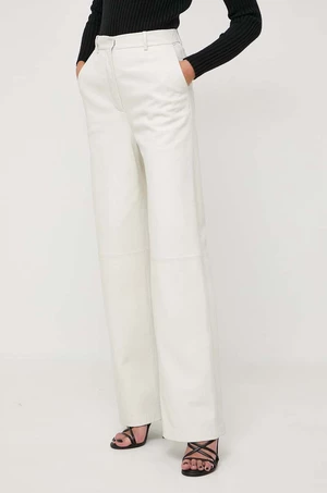 Kožené nohavice BOSS dámske,béžová farba,rovné,vysoký pás,50516959