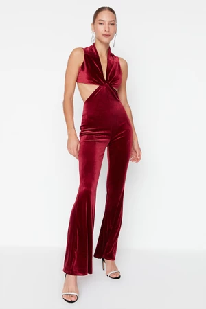 Trendyol Claret Red Velvet Knot Detailed Jumpsuit