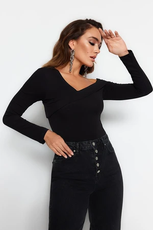 Trendyol Black Cotton, Stretchy Ruffles Fitted Crop Knitted Blouse