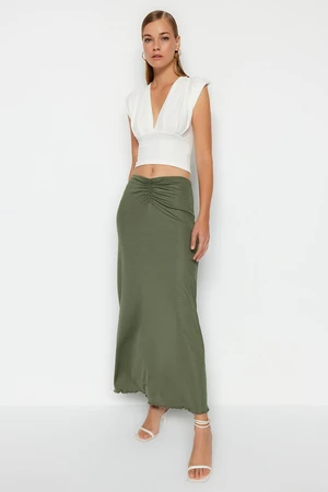 Trendyol Khaki Pleated Maxi Elastic Knitted Skirt