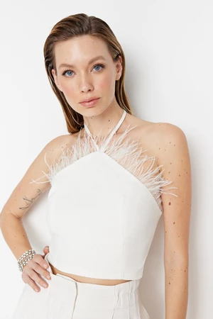 Trendyol Ecru Crop Lined Woven Fringe Bridal Bustier