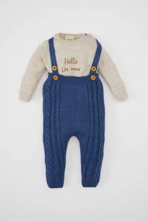 DEFACTO Baby Boy Long Sleeve Printed Knitted Sweater Overalls 2-Piece Set