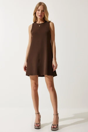 Happiness İstanbul Women's Brown Crew Neck Summer Woven Bell Dress