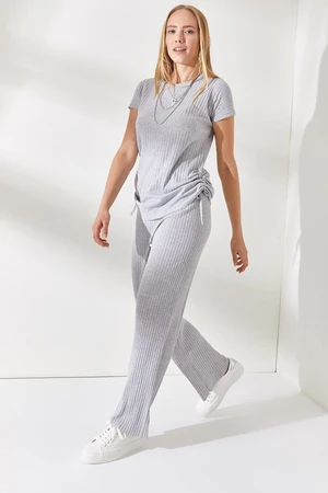 Olalook Women Gray Gathered Blouse Palazzo Trousers Suit