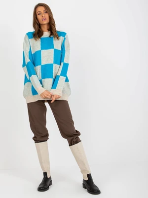 Oversized blue-beige checkered sweater for women