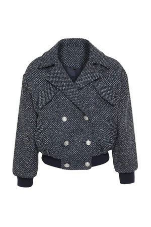 Trendyol Navy Blue Oversize Quilted Tweed Bomber Jacket