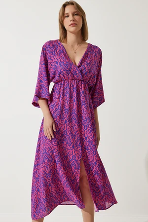 Happiness İstanbul Women's Dark Pink Blue Deep V Neck Summer Long Viscose Dress