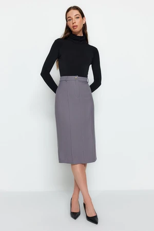 Trendyol Gray Straight Straight Cut Slit Detail Midi Woven Skirt