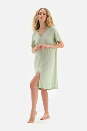 Dagi Light Green V-Neck Satin Nightgown with Garnish.