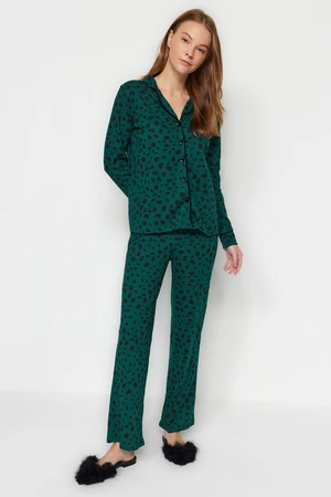 Trendyol Dark Green Animal Patterned Shirt-Pants Knitted Pajamas Set