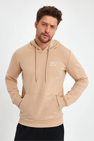 River Club Men's Beige Dont Quit Printed 3 Thread Hooded Sweatshirt