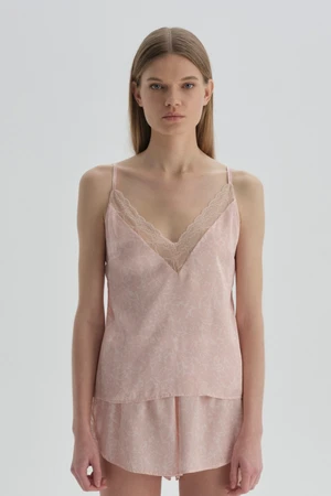 Dagi Dark Pink Patterned Satin, Camisole with Lace Detail.