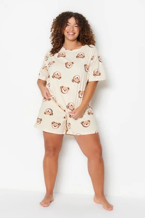 Trendyol Curve Ecru Teddy Bear Printed Cotton Knitted Pajamas Set