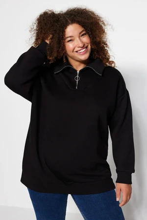 Trendyol Curve Black Thick Fleece Zippered Knitted Sweatshirt