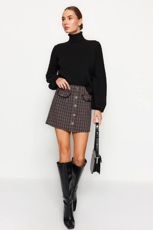 Trendyol Checkered Mini Woven Mini Skirt with Pocket and Button Detail in Brown Tweed