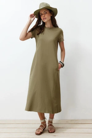 Trendyol Khaki Pocket Premium Crew Neck A-Line Knitted Midi Dress