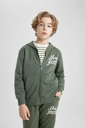 DEFACTO Boy's Hooded Printed Zippered Basic Sweatshirt