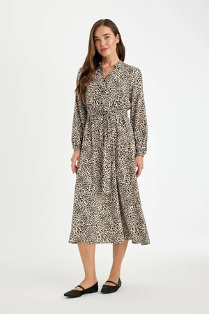 DEFACTO Leopard Print Long Sleeve Belted Maxi Dress