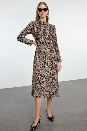 Trendyol Brown Animal Pattern Collar Drape Detailed A-Line Midi Woven Dress