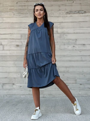 Dust blue cotton dress with V-neck by MAYFLIES