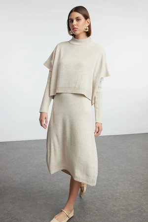 Trendyol Beige Wide Cut Midi Knit Sweater Dress