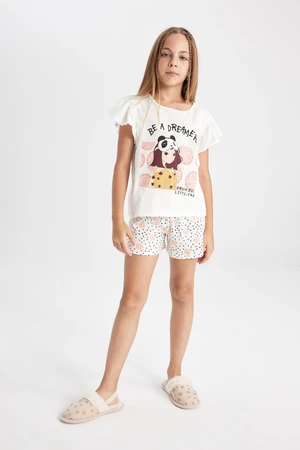 DEFACTO Girls Pajama Set Crew Neck Printed Short Sleeve Top Shorts