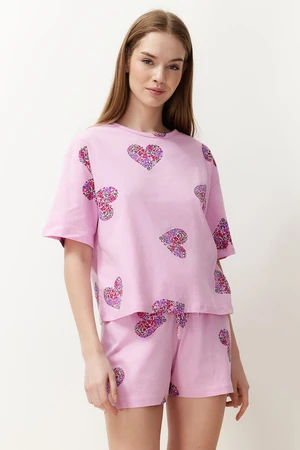 Trendyol Pink-Multicolored 100% Cotton Heart Knitted Pajama Set