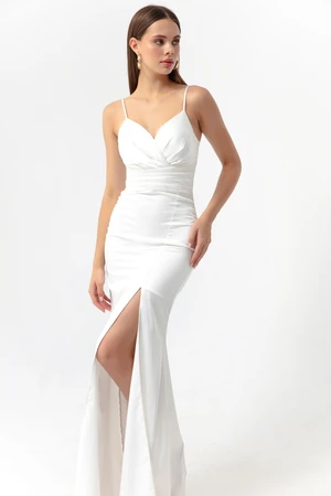 Lafaba Women's White Evening Dress with Straps and a Slit in Long Satin Prom.