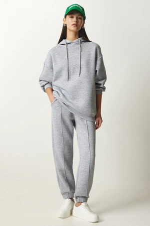 Happiness İstanbul Women's Gray Hooded Raised Knitted Tracksuit Set