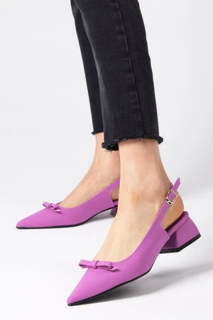 Mio Gusto Lynn Purple Women's Short Heeled Shoes with Open Back Matte Satin Fabric.