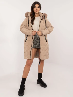 Beige women's winter jacket with fur