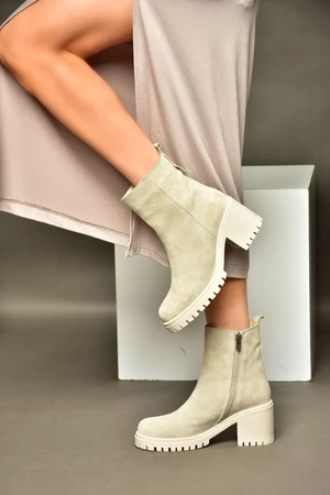 Fox Shoes R654006502 Beige Genuine Leather and Suede Women's Boots with Thick Heels