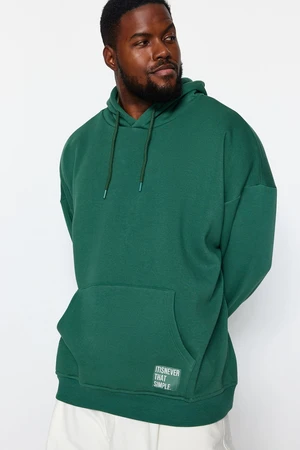 Trendyol Green Plus Size Hooded Labeled Fleece/Warm Sweatshirt